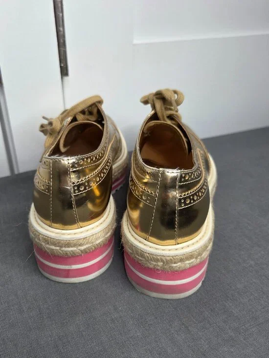 Prada Gold Metallic Platform Brogue Oxfords Espadrille Sole Women's 37.5 - Picture 9 of 13